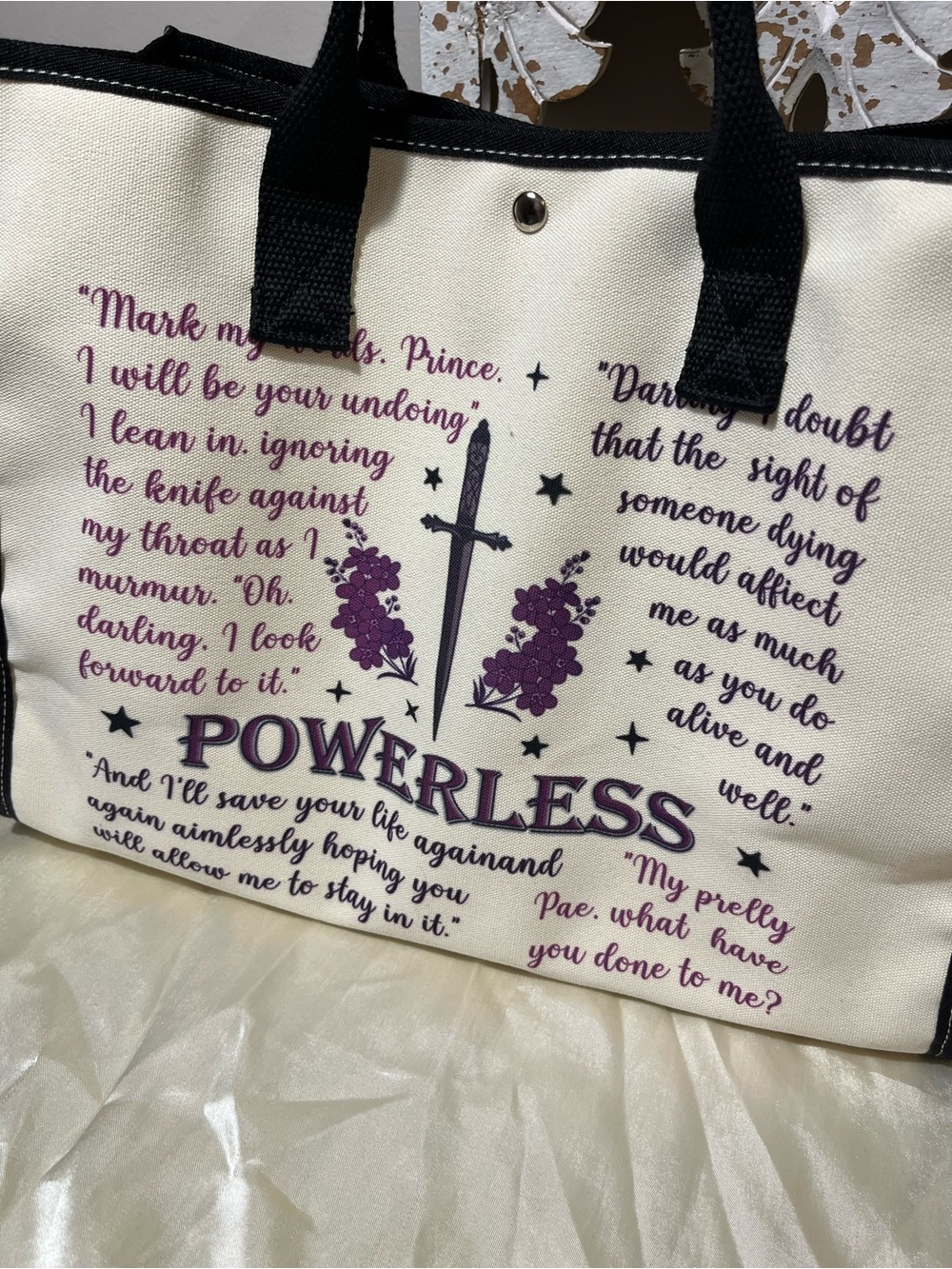 Powerless Cream Canvas Tote with Purple Graphic and Black Trim